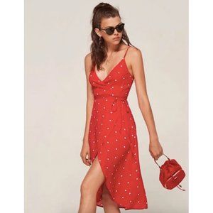 Reformation red white Ricotta dots Anouk v-neck lightweight wrap midi dress